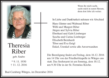 Traueranzeige von Theresia Riber von  Camberger Anzeiger
