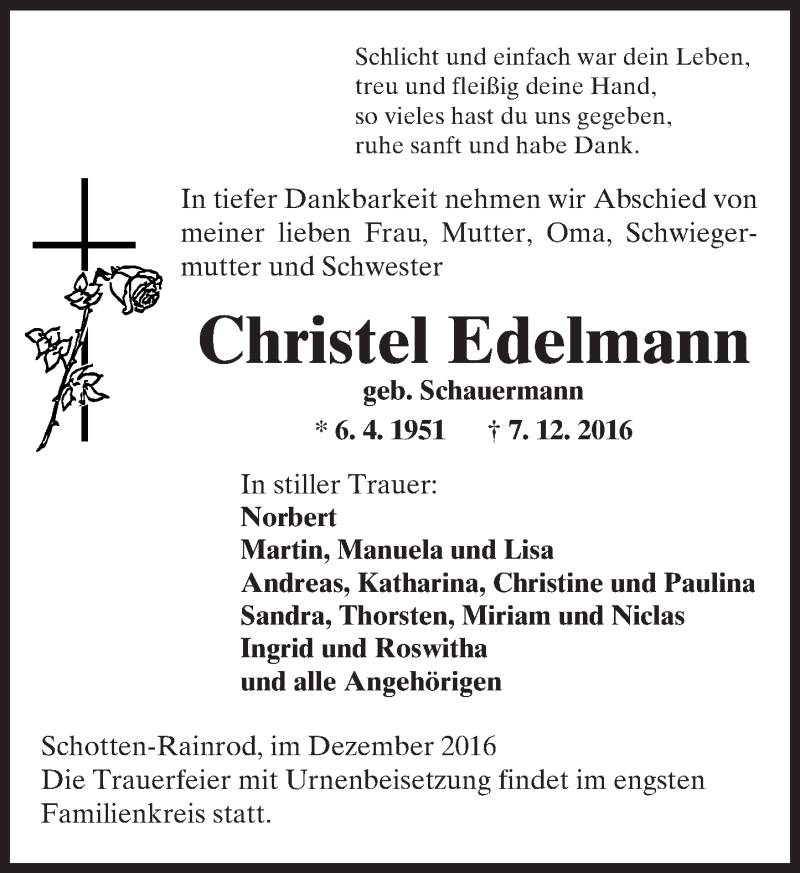  Traueranzeige für Christel Edelmann vom 17.12.2016 aus  Kreisanzeiger