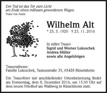 Traueranzeige von Wilhelm Alt von Trauerportal Rhein Main Presse