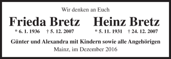 Traueranzeige von Frieda und Heinz Bretz von Trauerportal Rhein Main Presse