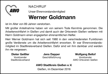 Traueranzeige von Werner Goldmann von  Gießener Anzeiger