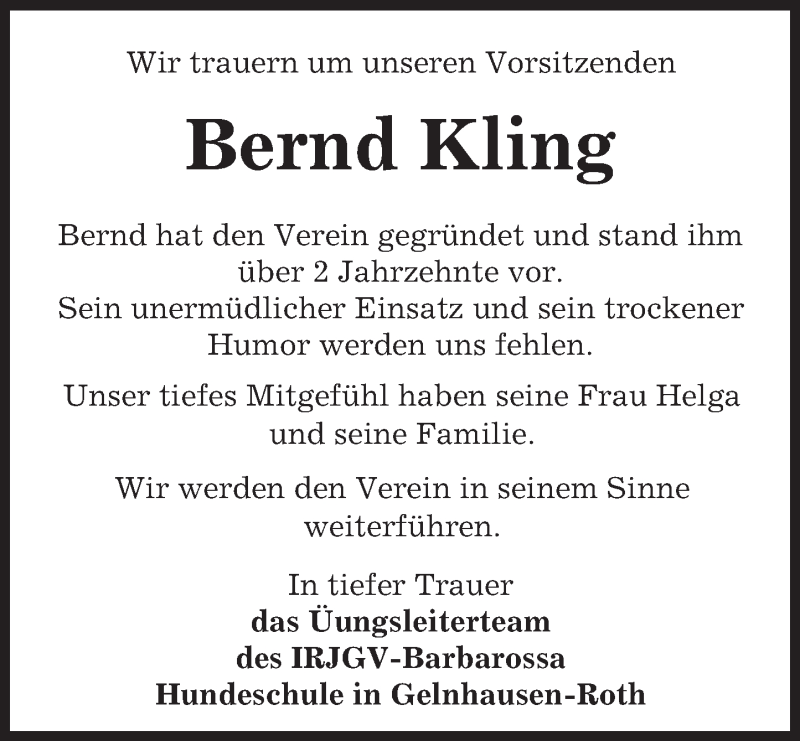  Traueranzeige für Bernd Kling vom 31.12.2016 aus  Gelnhäuser Tageblatt