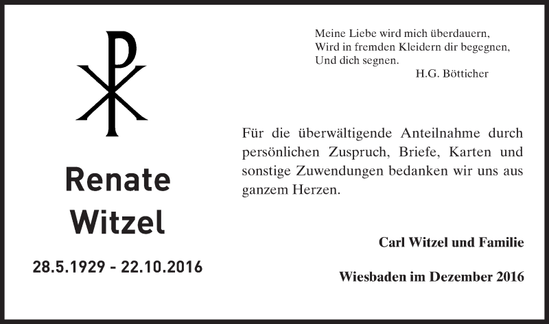  Traueranzeige für Renate Witzel vom 10.12.2016 aus Trauerportal Rhein Main Presse
