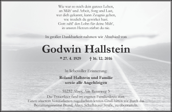 Traueranzeige von Godwin Hallstein von Trauerportal Rhein Main Presse