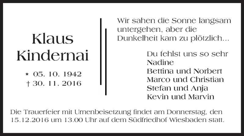  Traueranzeige für Klaus Kindernai vom 10.12.2016 aus Trauerportal Rhein Main Presse