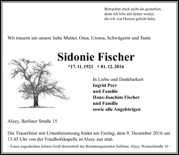 Traueranzeige von Sidonie Fischer von  Allgemeine Zeitung Alzey