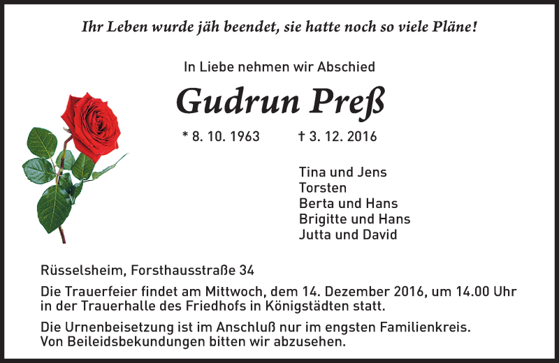  Traueranzeige für Gudrun Preß vom 10.12.2016 aus Trauerportal Rhein Main Presse