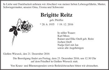 Traueranzeige von Brigitte Reitz von  Gießener Anzeiger