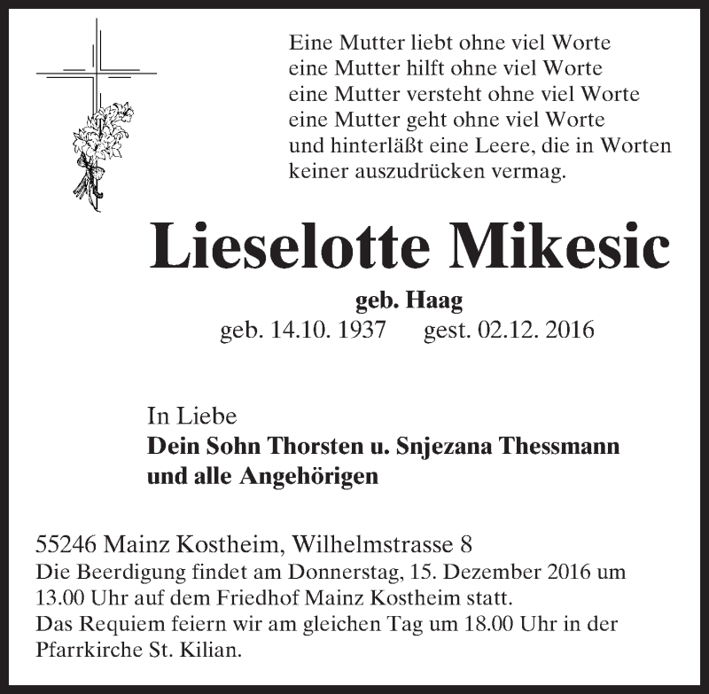  Traueranzeige für Lieselotte Mikesic vom 10.12.2016 aus Trauerportal Rhein Main Presse