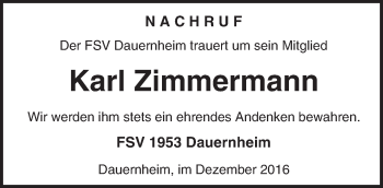 Traueranzeige von Karl Zimmermann von  Kreisanzeiger