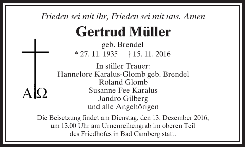  Traueranzeige für Gertrud Müller vom 01.12.2016 aus  Camberger Anzeiger