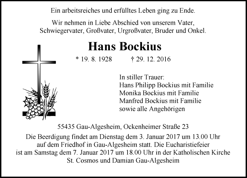  Traueranzeige für Hans Bockius vom 31.12.2016 aus Trauerportal Rhein Main Presse