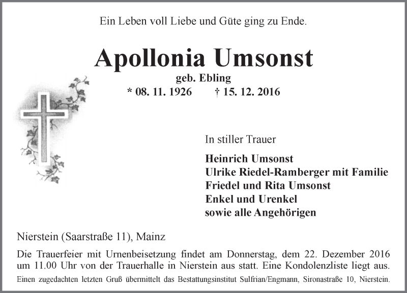  Traueranzeige für Apollonia Umsonst vom 20.12.2016 aus Trauerportal Rhein Main Presse