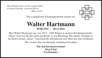 Traueranzeige von Walter Hartmann von Trauerportal Rhein Main Presse
