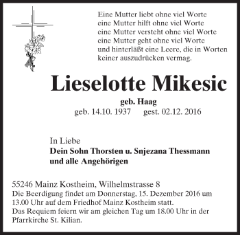 Traueranzeige von Lieselotte Mikesic von Trauerportal Rhein Main Presse