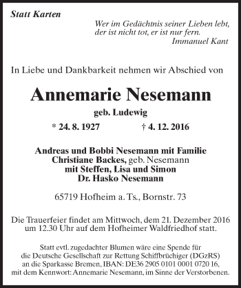 Traueranzeige von Annemarie Nesemann von Trauerportal Rhein Main Presse