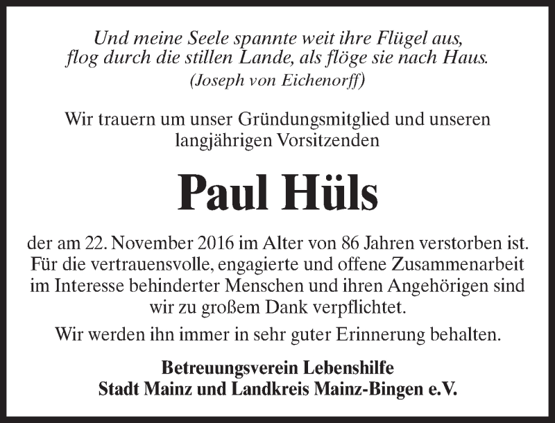  Traueranzeige für Paul Hüls vom 03.12.2016 aus Trauerportal Rhein Main Presse