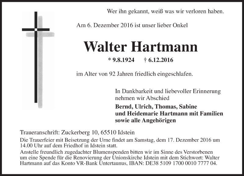  Traueranzeige für Walter Hartmann vom 10.12.2016 aus Trauerportal Rhein Main Presse