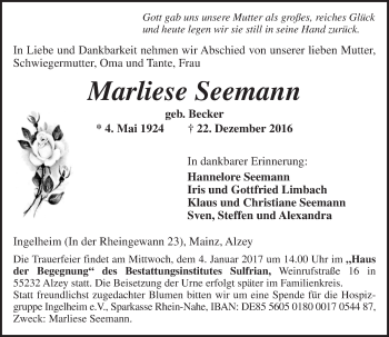 Traueranzeige von Marliese Seemann von Trauerportal Rhein Main Presse