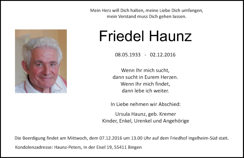  Traueranzeige für Friedel Haunz vom 06.12.2016 aus Trauerportal Rhein Main Presse