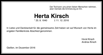 Traueranzeige von Herta Kirsch von  Gießener Anzeiger