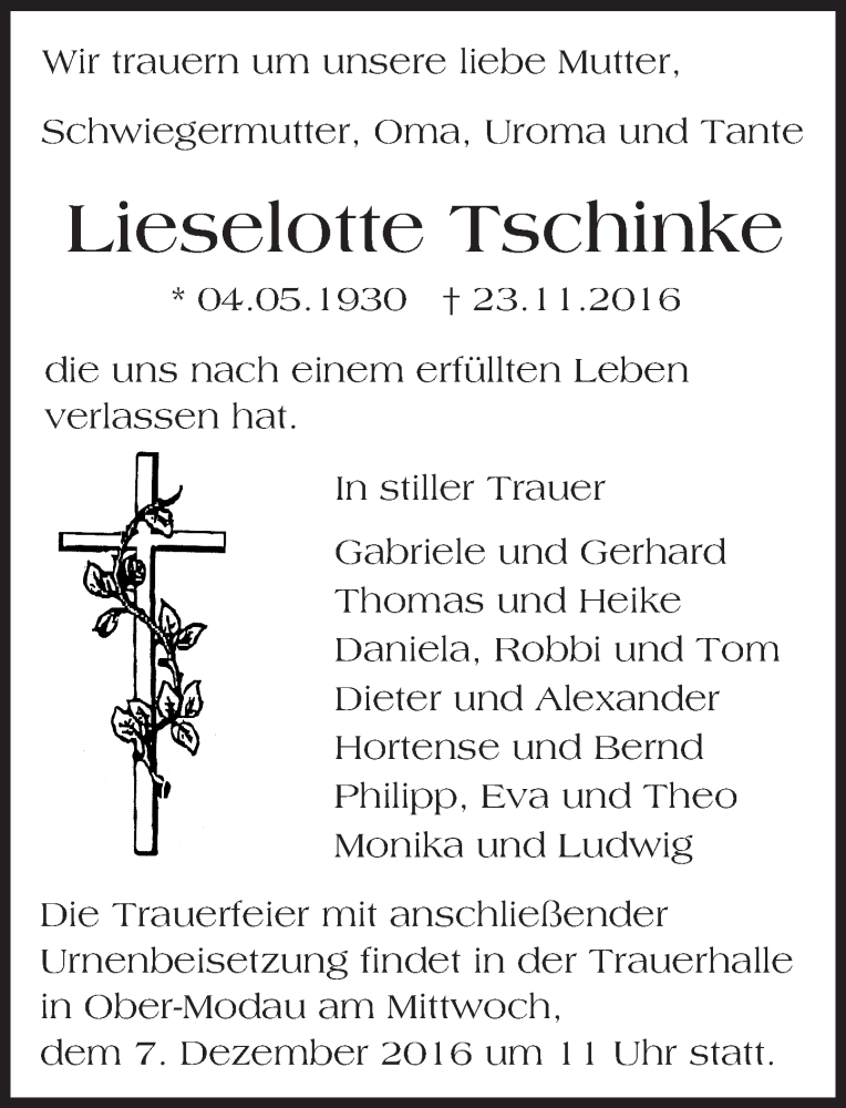  Traueranzeige für Lieselotte Tschinke vom 03.12.2016 aus Trauerportal Echo Online