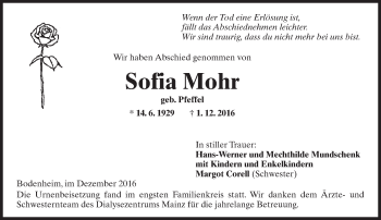 Traueranzeige von Sofia Mohr von Trauerportal Rhein Main Presse