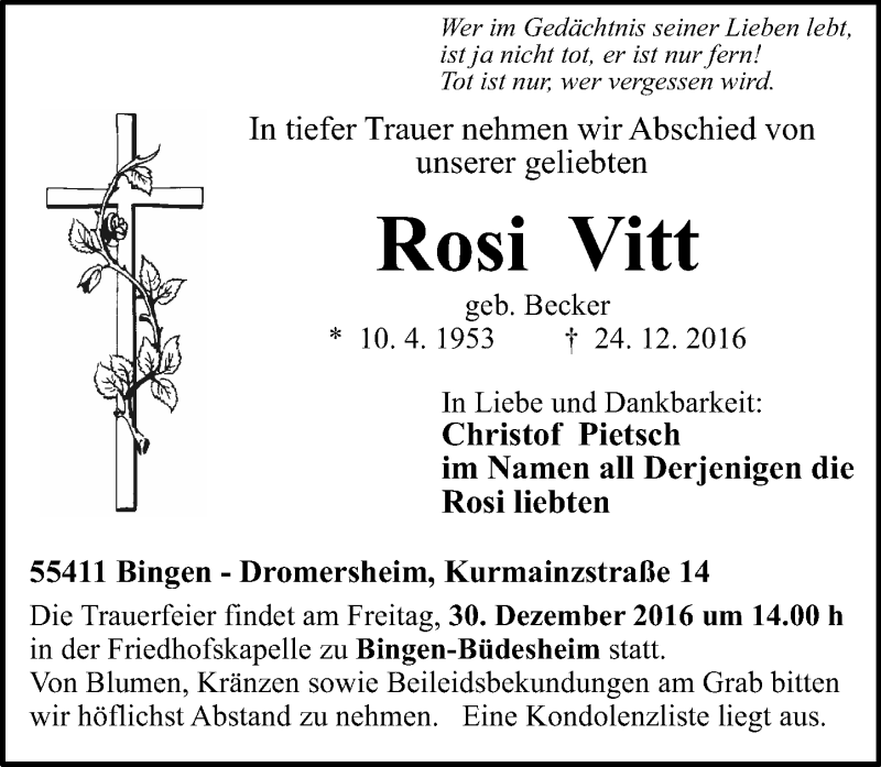  Traueranzeige für Rosi Vitt vom 28.12.2016 aus Trauerportal Rhein Main Presse