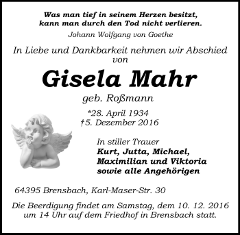 Traueranzeige von Gisela Mahr von Trauerportal Echo Online