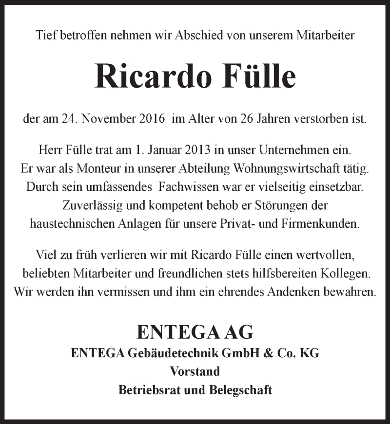  Traueranzeige für Ricardo Fülle vom 03.12.2016 aus Trauerportal Echo Online