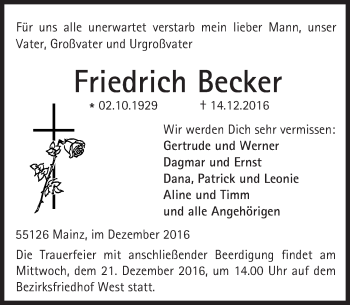Traueranzeige von Friedrich Becker von Trauerportal Rhein Main Presse