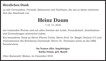 Traueranzeige von Heinz Daum von Trauerportal Echo Online