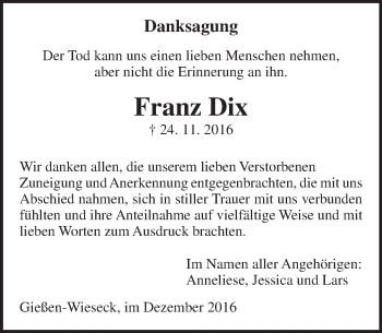 Traueranzeige von Franz Dix von  Gießener Anzeiger