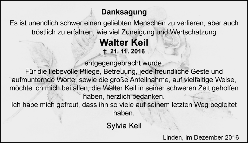  Traueranzeige für Walter Keil vom 17.12.2016 aus  Gießener Anzeiger