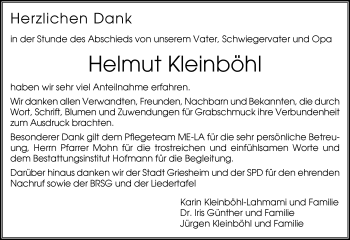 Traueranzeige von Helmut Kleinböhl von Trauerportal Echo Online