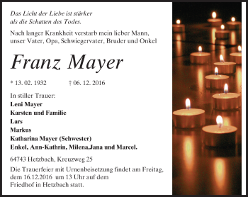 Traueranzeige von Franz Mayer von Trauerportal Echo Online