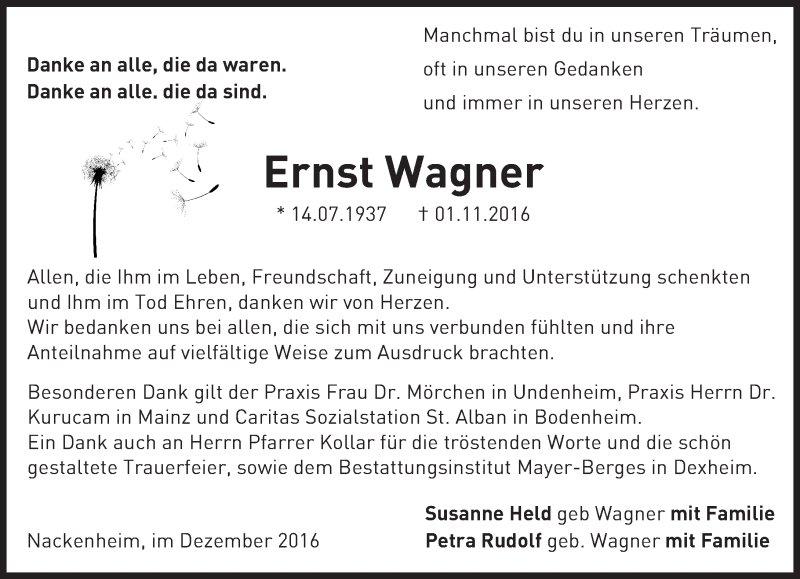  Traueranzeige für Ernst Wagner vom 17.12.2016 aus Trauerportal Rhein Main Presse