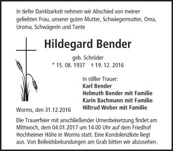 Traueranzeige von Hildegard Bender von Trauerportal Rhein Main Presse