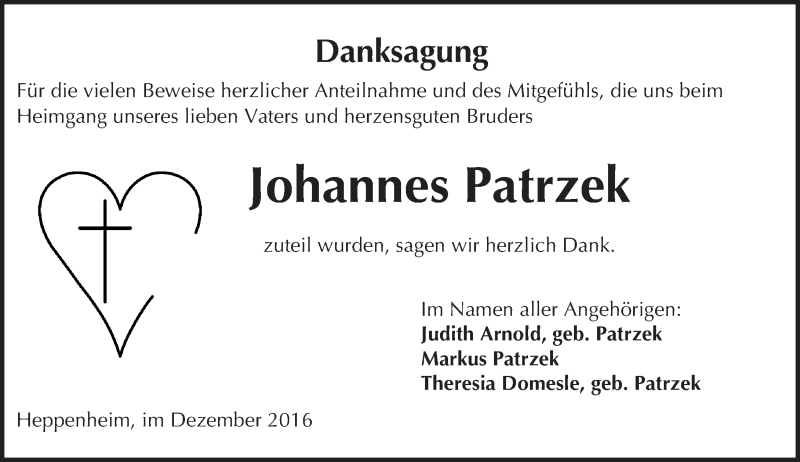  Traueranzeige für Johannes Patrzek vom 30.12.2016 aus Trauerportal Echo Online