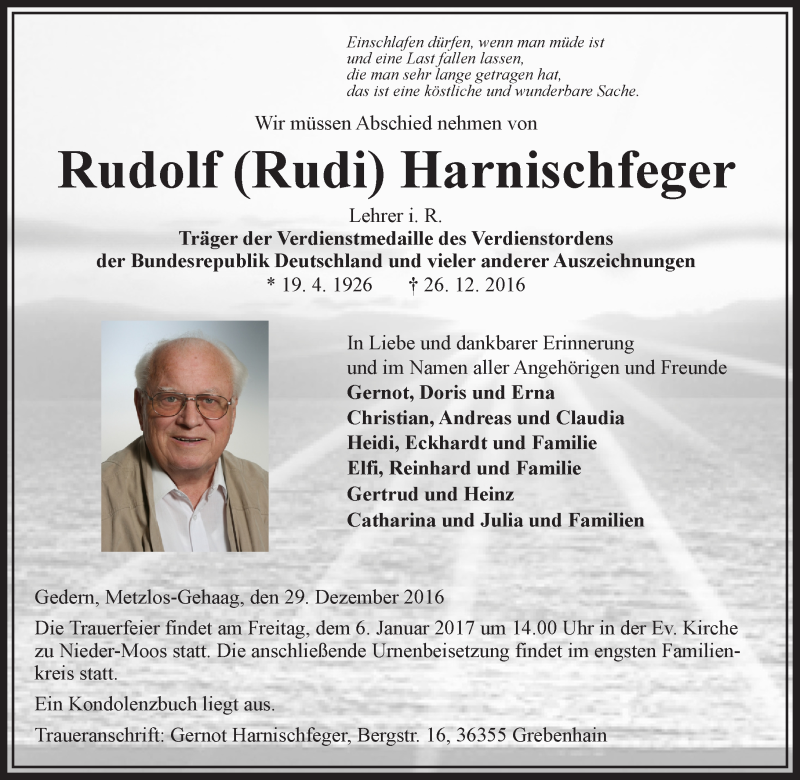  Traueranzeige für Rudolf Harnischfeger vom 29.12.2016 aus VRM Trauer