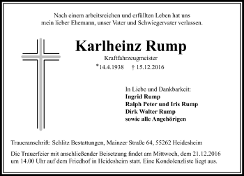Traueranzeige von Karlheinz Rump von Trauerportal Rhein Main Presse