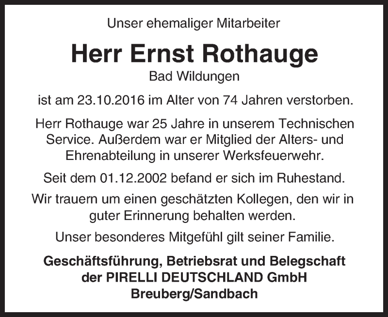  Traueranzeige für Ernst Rothauge vom 14.12.2016 aus Trauerportal Echo Online