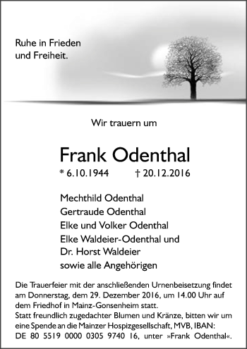 Traueranzeige von Frank Odenthal von Trauerportal Rhein Main Presse