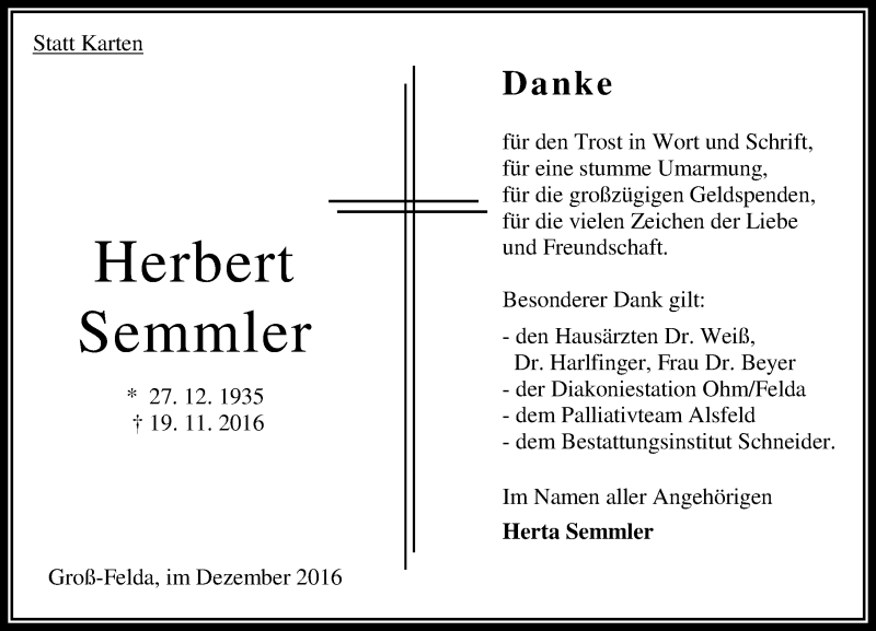 Traueranzeige für Herbert Semmler vom 27.12.2016 aus VRM Trauer