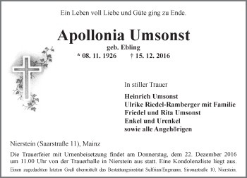 Traueranzeige von Apollonia Umsonst von Trauerportal Rhein Main Presse