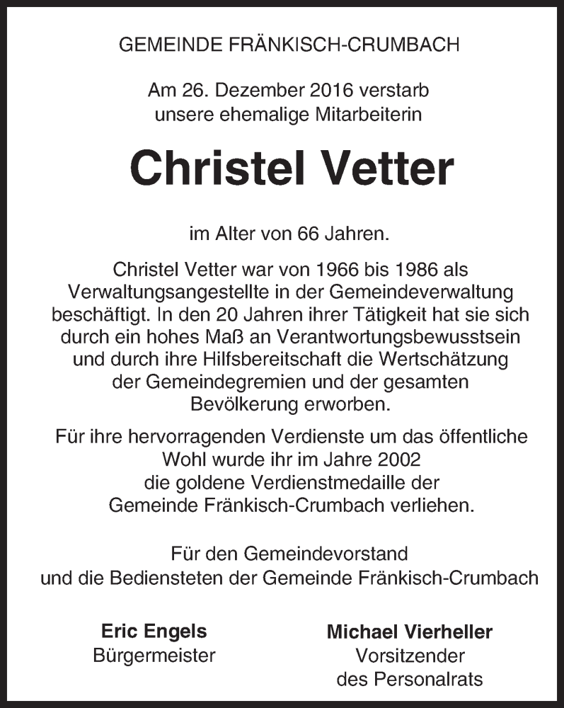  Traueranzeige für Christel Vetter vom 29.12.2016 aus Trauerportal Echo Online