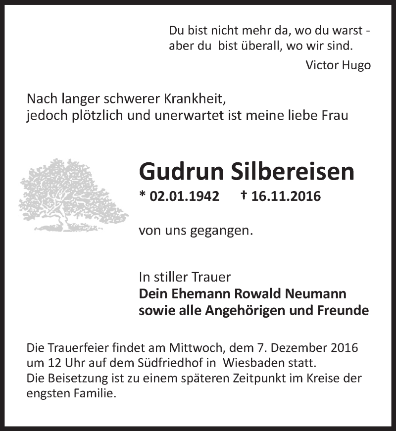  Traueranzeige für Gudrun Silbereisen vom 03.12.2016 aus Trauerportal Rhein Main Presse