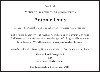 Traueranzeige von Antonie Duns von Trauerportal Rhein Main Presse