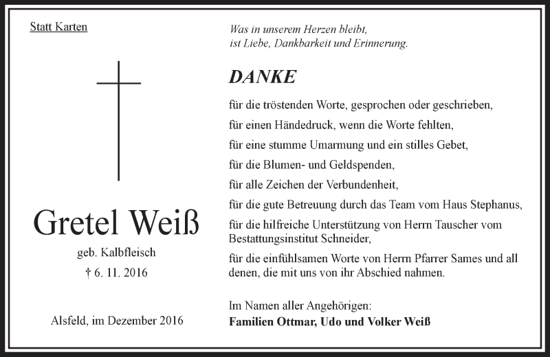  Traueranzeige für Gretel Weiß vom 17.12.2016 aus VRM Trauer