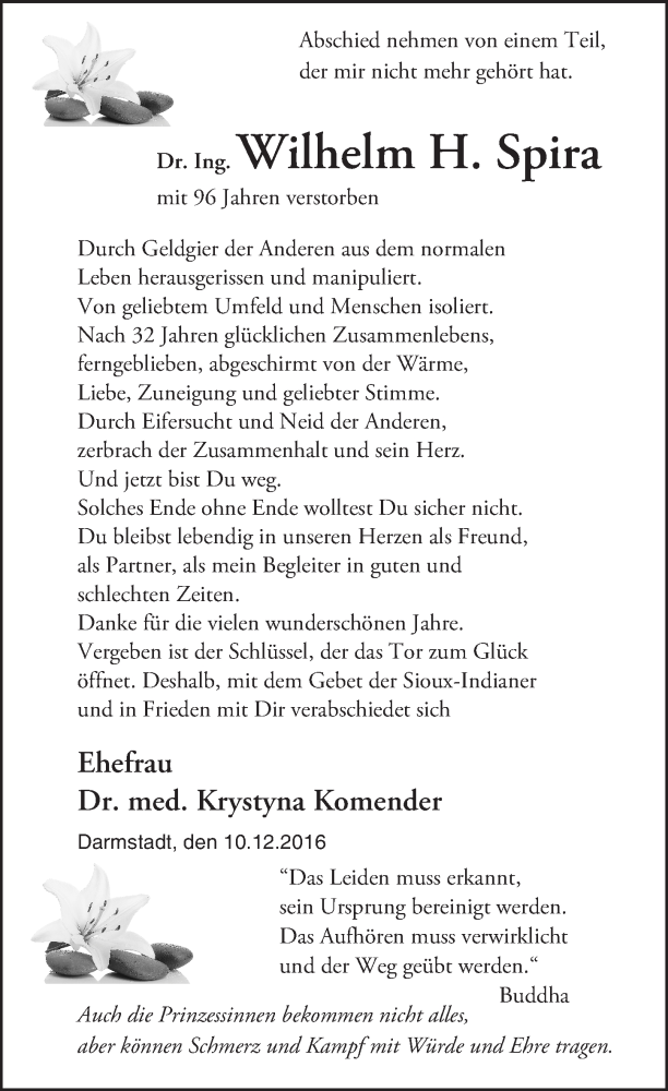  Traueranzeige für Wilhelm H. Spira vom 10.12.2016 aus Trauerportal Echo Online